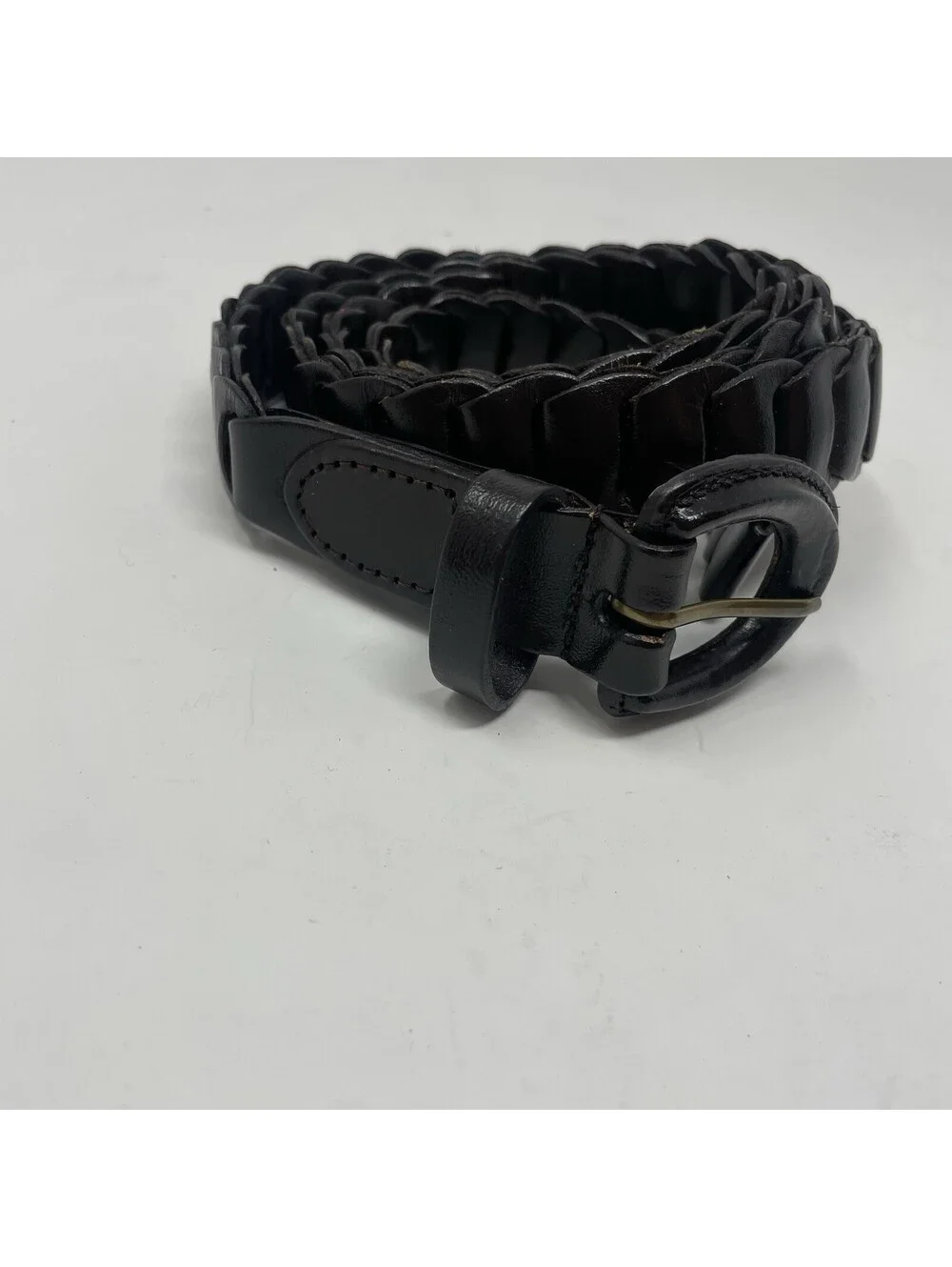Vintage Full Grain Cowhide Leather Braid Belt SolidBrass Buckle, Black XL